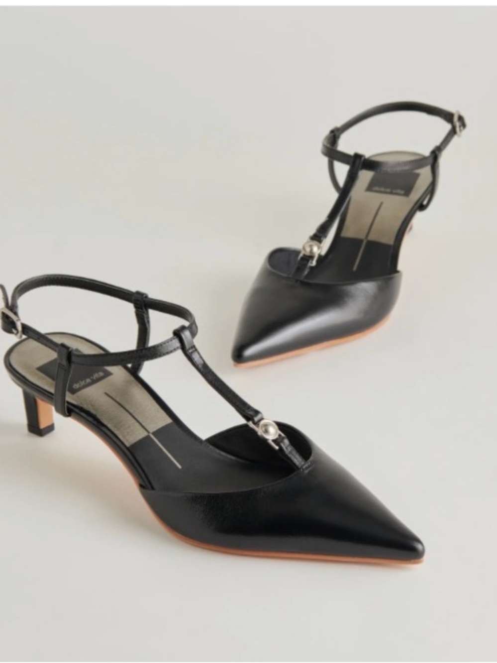 Dolce Vita Lavon Heels - Black T‑Strap Pointed Kitten Heel Pumps